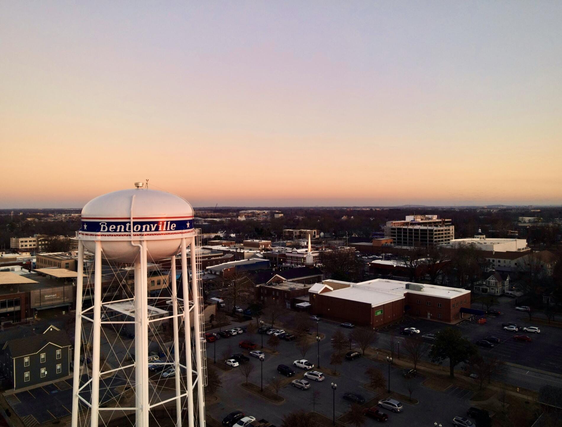 Drone shot of the famous water tower in Bentonville, Arkansas
